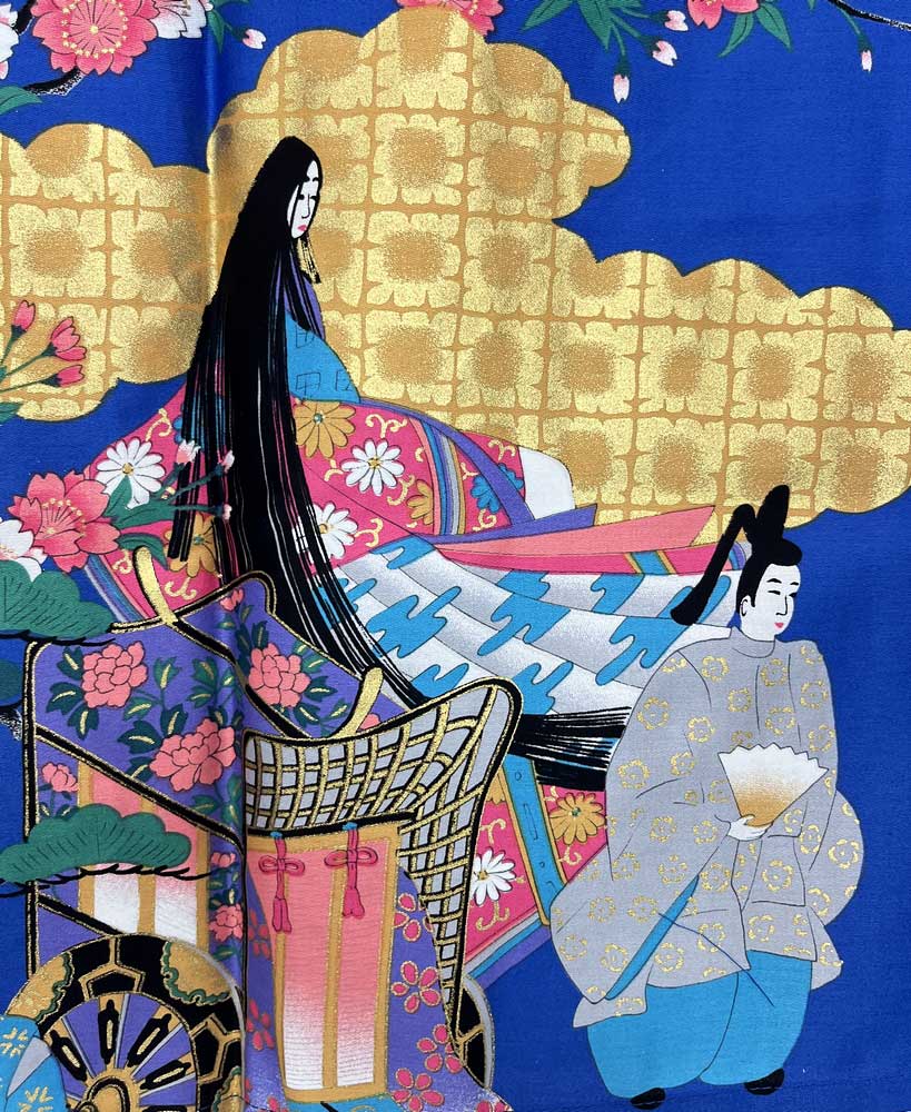 Yukata Spolverino blu royal con Scene di Vita di Corte e Fiori di Ciliegio - immagine 3