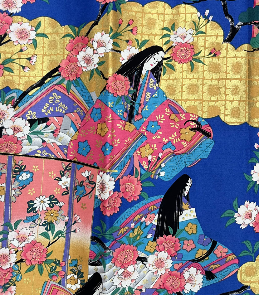 Yukata Spolverino blu royal con Scene di Vita di Corte e Fiori di Ciliegio - immagine 9