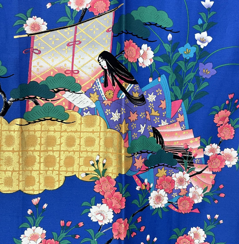 Yukata Spolverino blu royal con Scene di Vita di Corte e Fiori di Ciliegio - immagine 10