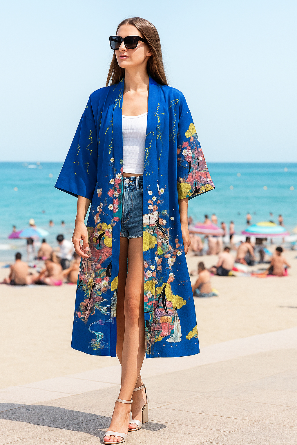 Yukata Spolverino blu royal con Scene di Vita di Corte e Fiori di Ciliegio - immagine 17