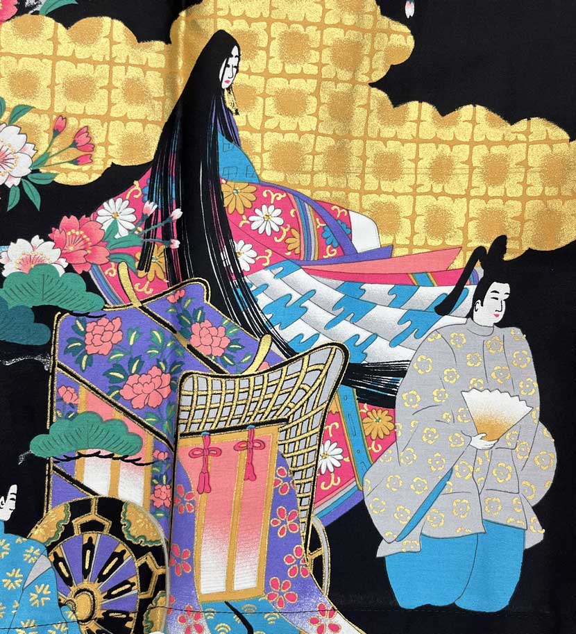 Yukata Spolverino Nero con Scene di Vita di Corte e Fiori di Ciliegio - immagine 3