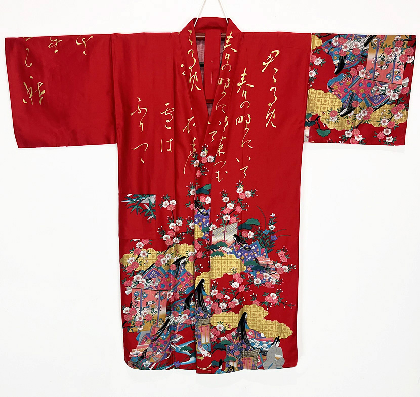 Yukata Spolverino Rosso con Scene di Vita di Corte e Fiori di Ciliegio