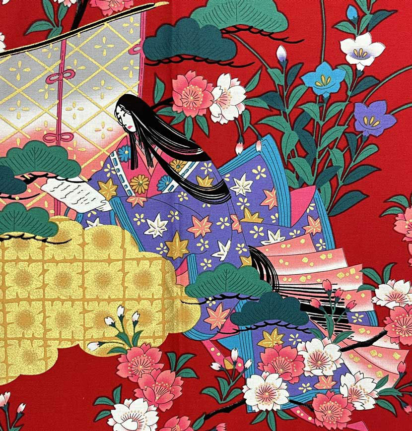 Yukata Spolverino Rosso con Scene di Vita di Corte e Fiori di Ciliegio - immagine 5