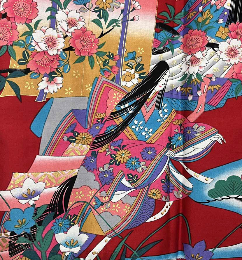 Yukata Spolverino Rosso con Scene di Vita di Corte e Fiori di Ciliegio - immagine 6