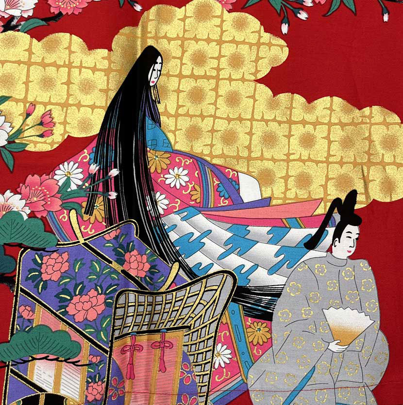 Yukata Spolverino Rosso con Scene di Vita di Corte e Fiori di Ciliegio - immagine 7