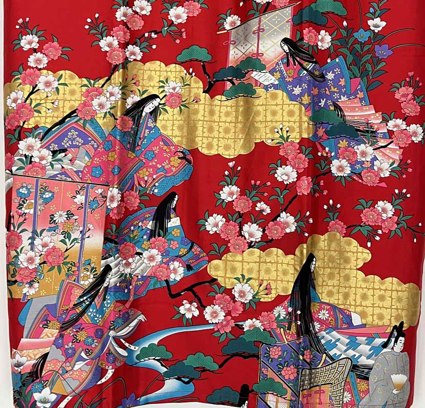 Yukata Spolverino Rosso con Scene di Vita di Corte e Fiori di Ciliegio - immagine 11