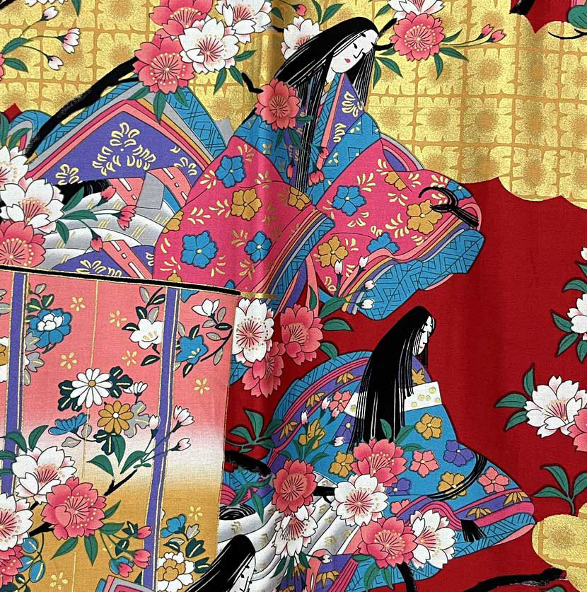 Yukata Spolverino Rosso con Scene di Vita di Corte e Fiori di Ciliegio - immagine 12