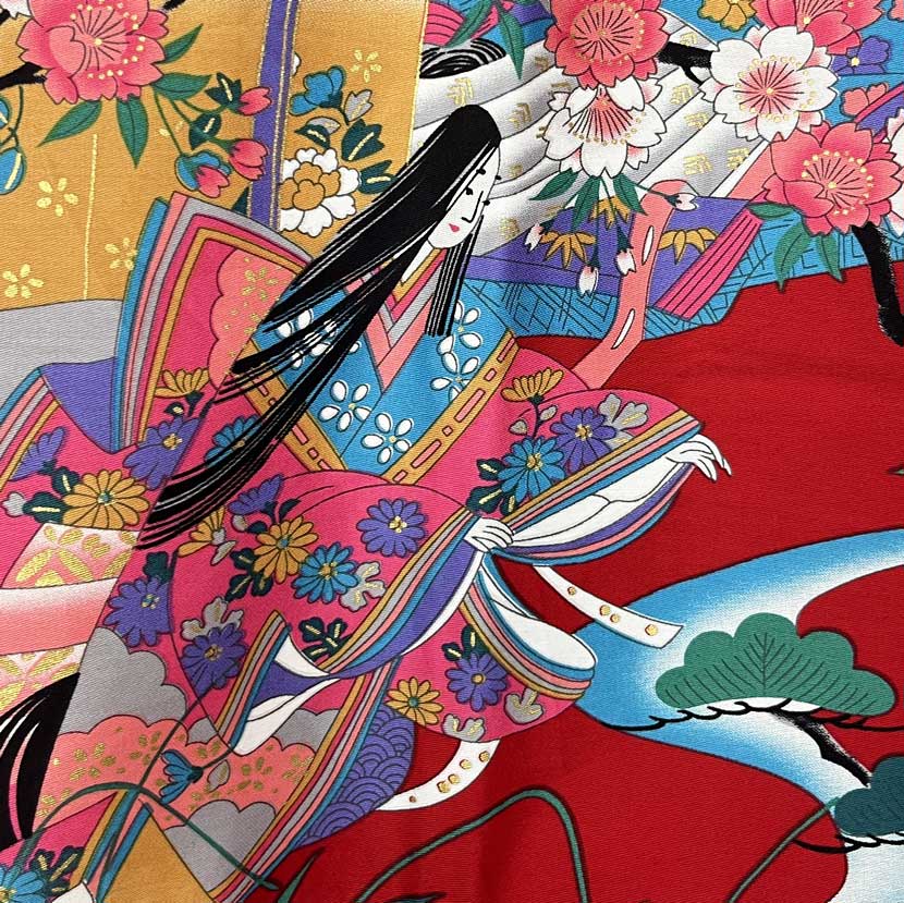 Yukata Spolverino Rosso con Scene di Vita di Corte e Fiori di Ciliegio - immagine 13