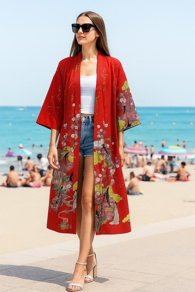 Yukata Spolverino Rosso con Scene di Vita di Corte e Fiori di Ciliegio - immagine 19