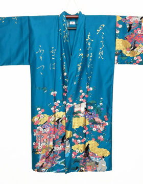 Yukata Spolverino Turchese con Scene di Vita di Corte e Fiori di Ciliegio
