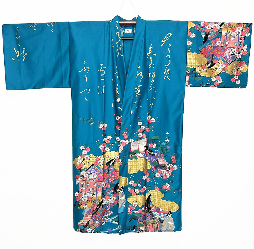 Yukata Spolverino Turchese con Scene di Vita di Corte e Fiori di Ciliegio