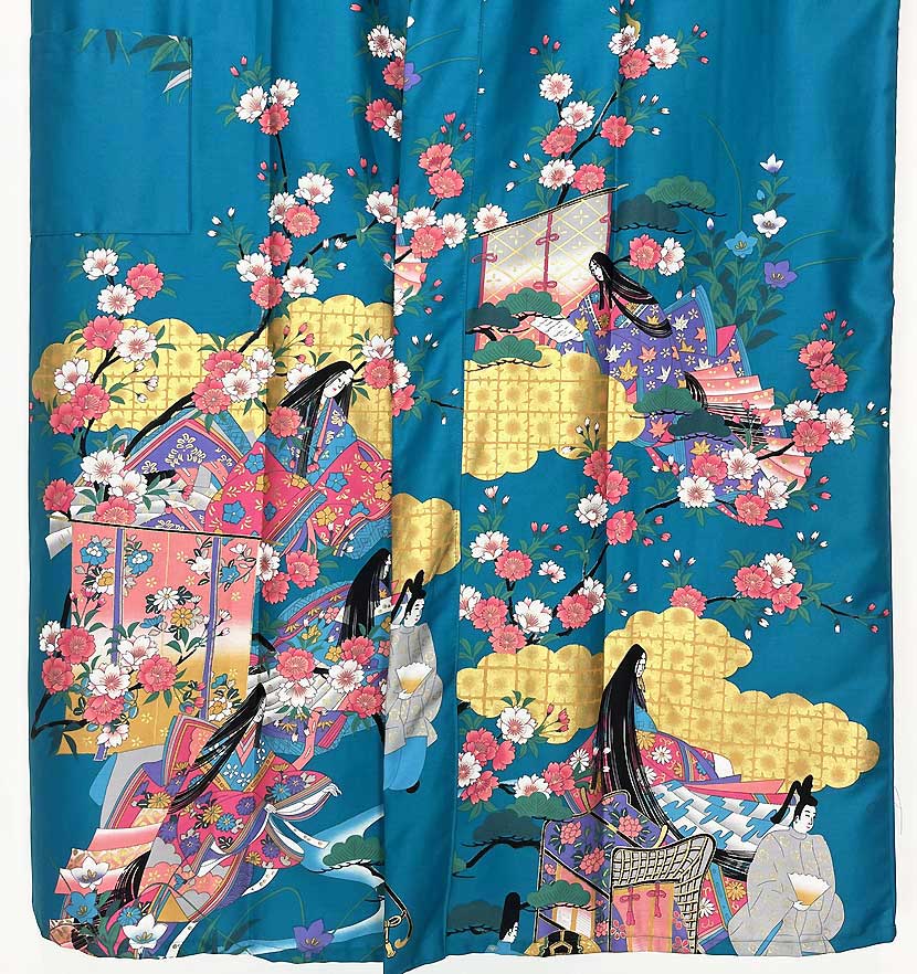 Yukata Spolverino Turchese con Scene di Vita di Corte e Fiori di Ciliegio - immagine 2