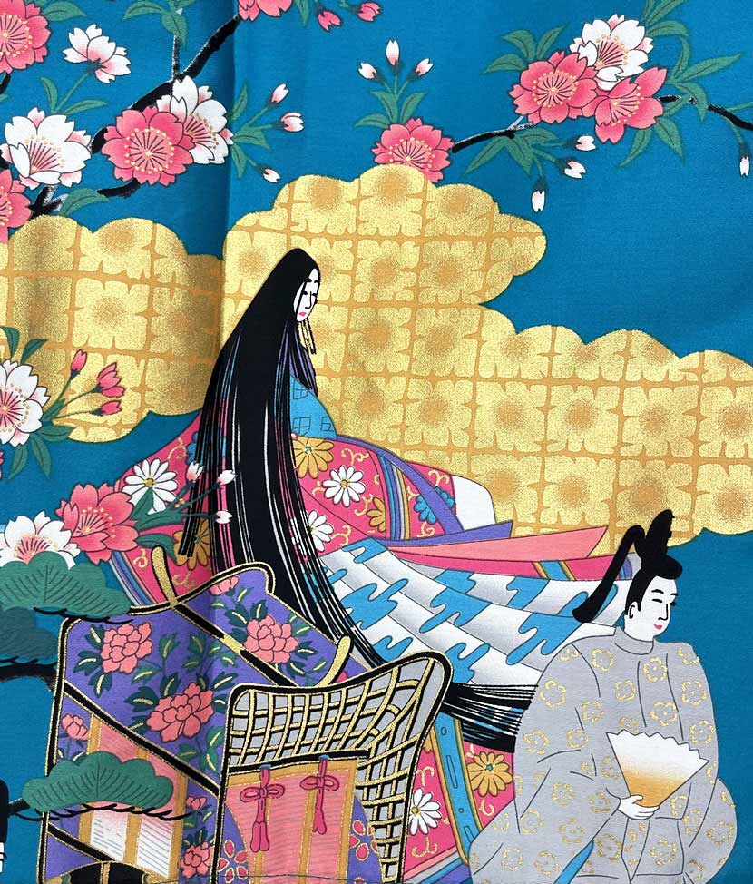 Yukata Spolverino Turchese con Scene di Vita di Corte e Fiori di Ciliegio - immagine 14