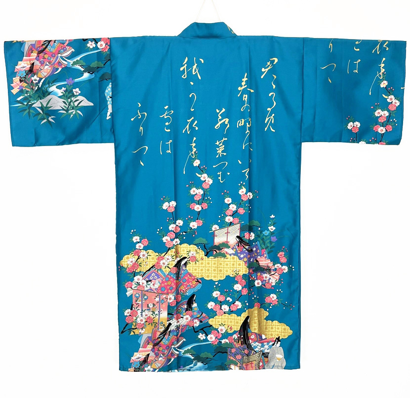 Yukata Spolverino Turchese con Scene di Vita di Corte e Fiori di Ciliegio - immagine 5