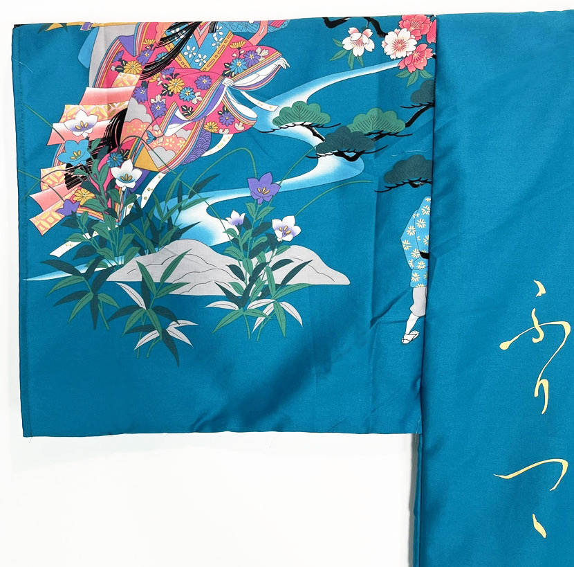 Yukata Spolverino Turchese con Scene di Vita di Corte e Fiori di Ciliegio - immagine 7
