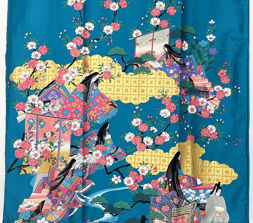 Yukata Spolverino Turchese con Scene di Vita di Corte e Fiori di Ciliegio - immagine 6