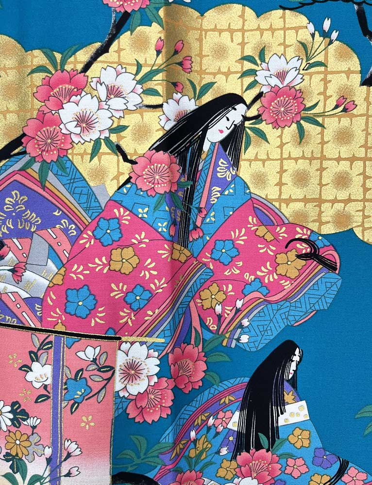 Yukata Spolverino Turchese con Scene di Vita di Corte e Fiori di Ciliegio - immagine 3