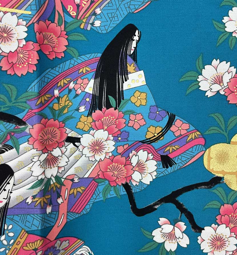 Yukata Spolverino Turchese con Scene di Vita di Corte e Fiori di Ciliegio - immagine 4