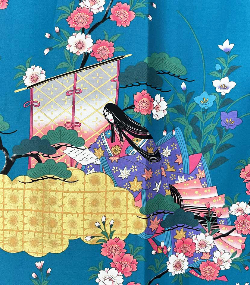 Yukata Spolverino Turchese con Scene di Vita di Corte e Fiori di Ciliegio - immagine 10