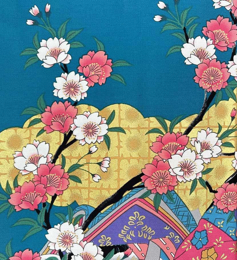Yukata Spolverino Turchese con Scene di Vita di Corte e Fiori di Ciliegio - immagine 11