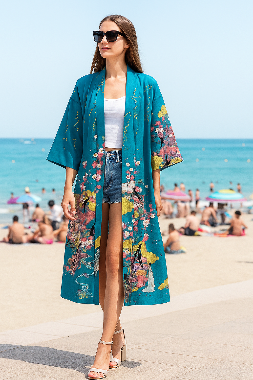 Yukata Spolverino Turchese con Scene di Vita di Corte e Fiori di Ciliegio - immagine 15