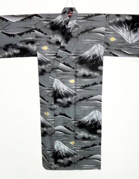 Yukata kimono acciaio in puro cotone con Monte Fuji al chiaro di luna