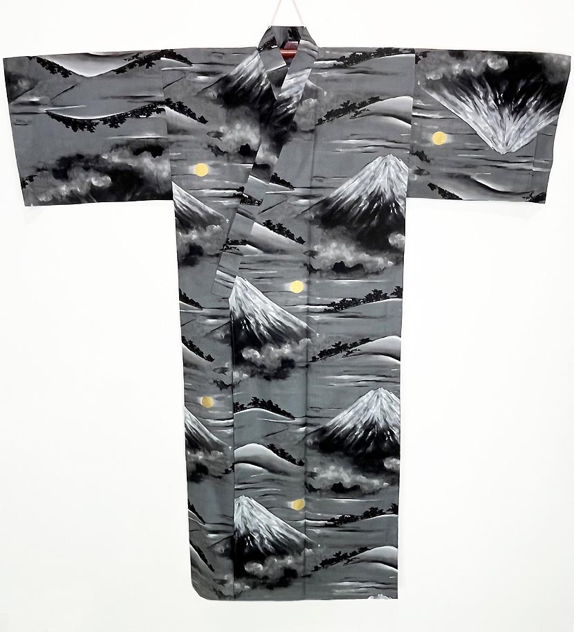 Yukata kimono acciaio in puro cotone con Monte Fuji al chiaro di luna