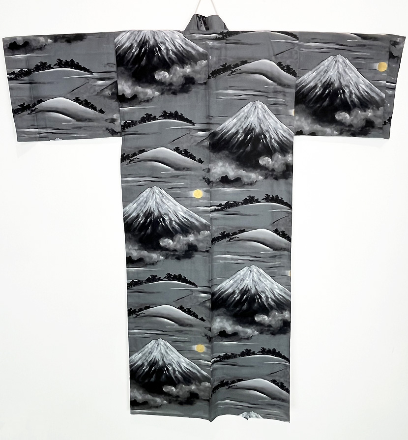 Yukata kimono acciaio in puro cotone con Monte Fuji al chiaro di luna - immagine 4