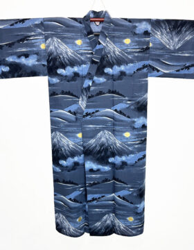 Yukata kimono blu in puro cotone con Monte Fuji al chiaro di luna