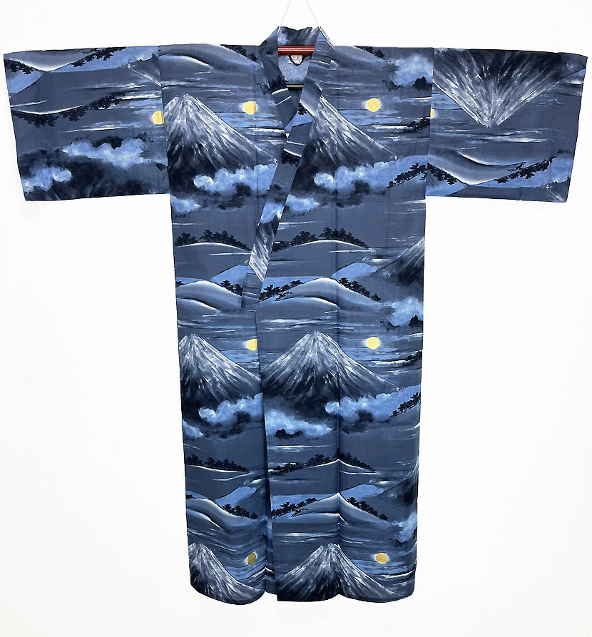 Yukata kimono blu in puro cotone con Monte Fuji al chiaro di luna