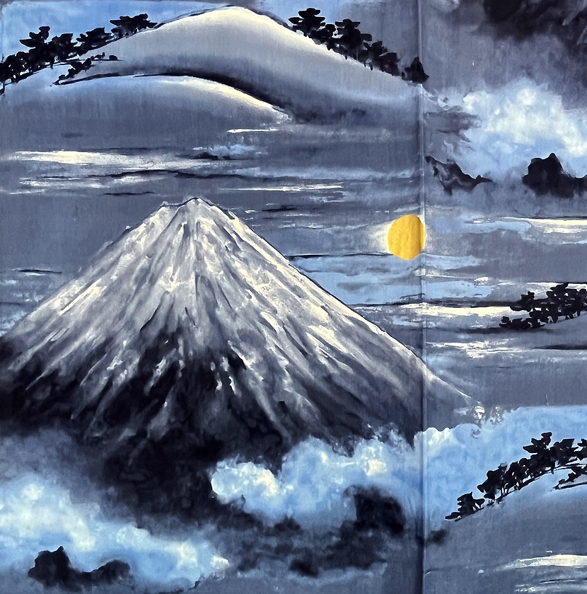 Yukata kimono blu in puro cotone con Monte Fuji al chiaro di luna - immagine 2