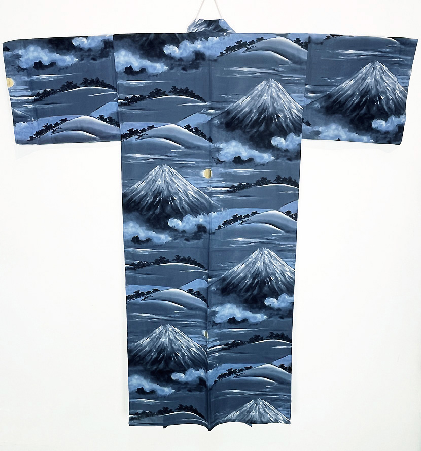 Yukata kimono blu in puro cotone con Monte Fuji al chiaro di luna - immagine 3