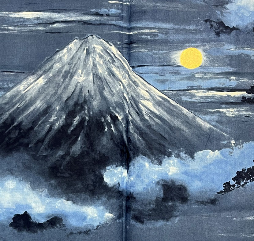 Yukata kimono blu in puro cotone con Monte Fuji al chiaro di luna - immagine 4