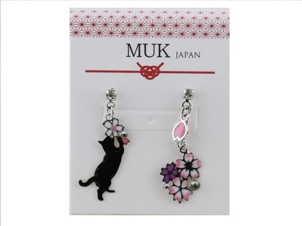 Orecchini con gatto nero e fiori di ciliegio - immagine 2