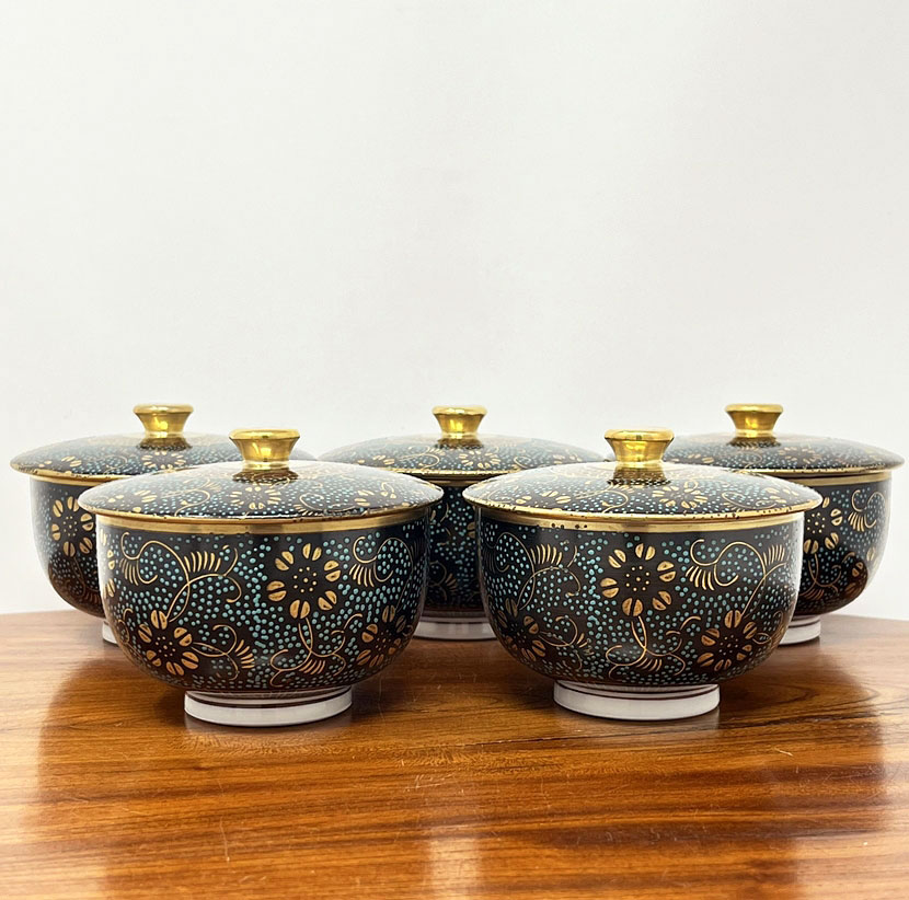 Servizio da tè vintage giapponese Kutani-yaki “Aotsubu” – Set di 5 tazze con coperchio firmate Shōgetsu – Con scatola originale - immagine 2