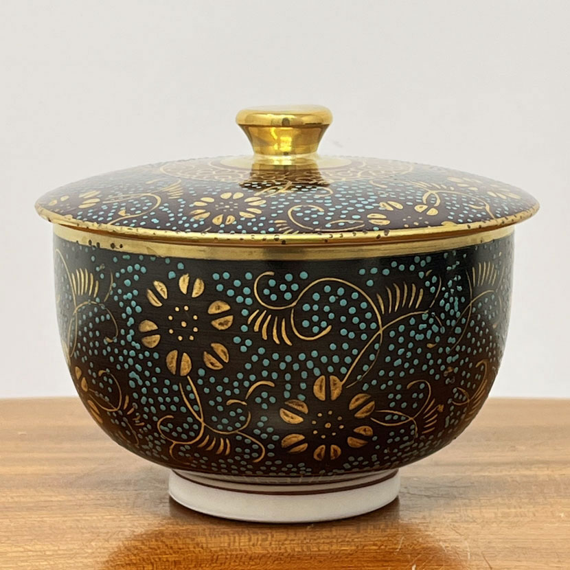 Servizio da tè vintage giapponese Kutani-yaki “Aotsubu” – Set di 5 tazze con coperchio firmate Shōgetsu – Con scatola originale - immagine 3