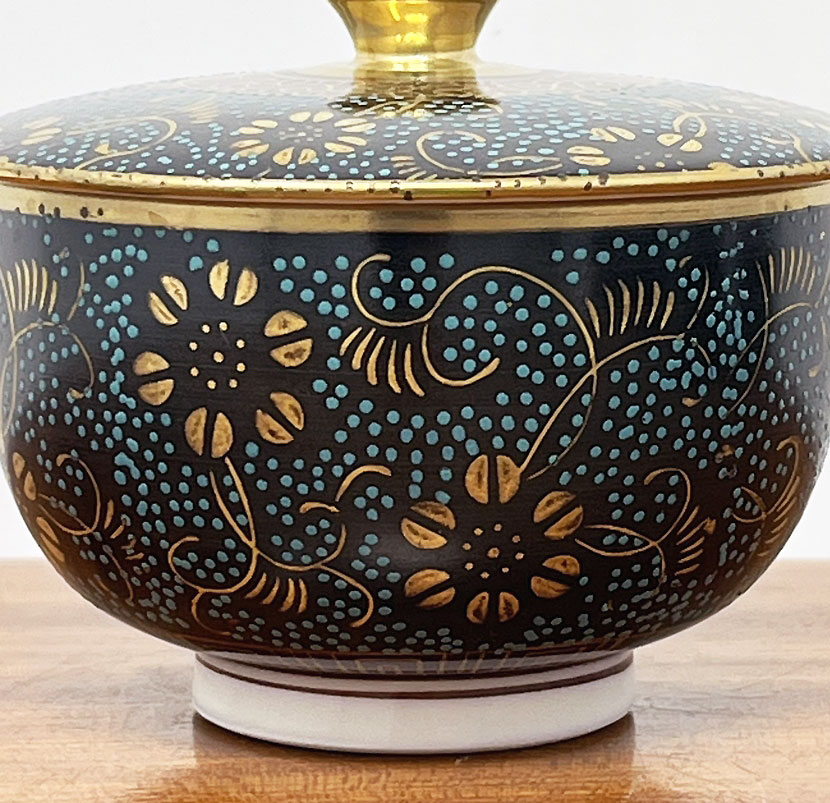 Servizio da tè vintage giapponese Kutani-yaki “Aotsubu” – Set di 5 tazze con coperchio firmate Shōgetsu – Con scatola originale - immagine 4