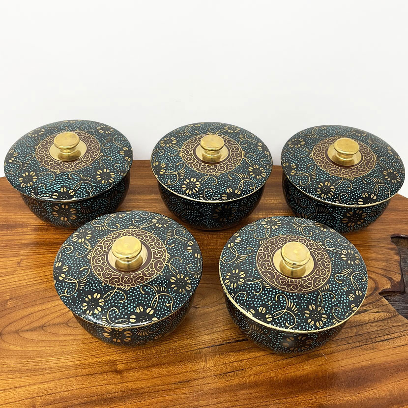 Servizio da tè vintage giapponese Kutani-yaki “Aotsubu” – Set di 5 tazze con coperchio firmate Shōgetsu – Con scatola originale - immagine 7