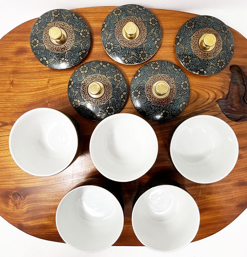 Servizio da tè vintage giapponese Kutani-yaki “Aotsubu” – Set di 5 tazze con coperchio firmate Shōgetsu – Con scatola originale - immagine 8