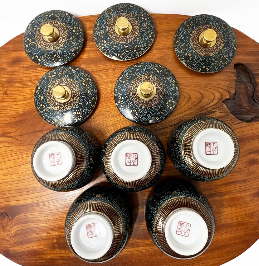 Servizio da tè vintage giapponese Kutani-yaki “Aotsubu” – Set di 5 tazze con coperchio firmate Shōgetsu – Con scatola originale - immagine 9