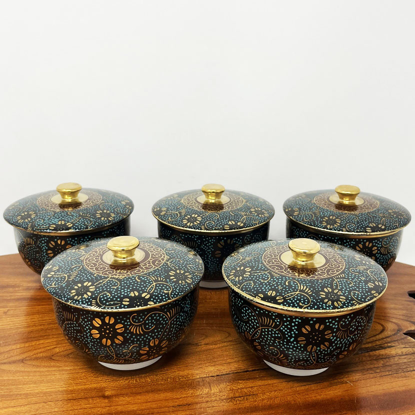 Servizio da tè vintage giapponese Kutani-yaki “Aotsubu” – Set di 5 tazze con coperchio firmate Shōgetsu – Con scatola originale - immagine 11