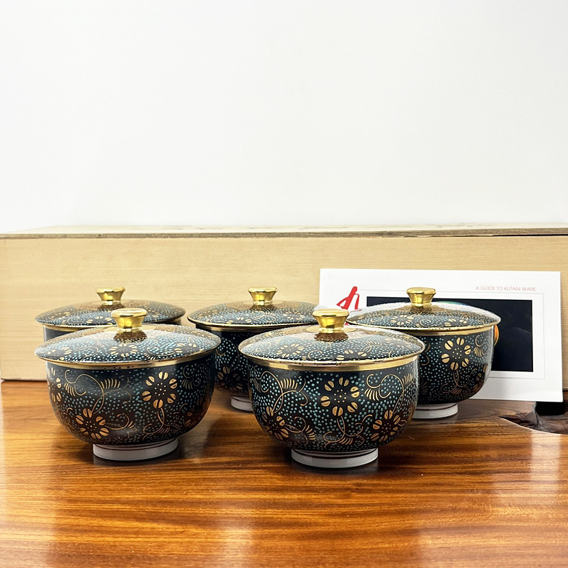 Servizio da tè vintage giapponese Kutani-yaki “Aotsubu” – Set di 5 tazze con coperchio firmate Shōgetsu – Con scatola originale - immagine 15