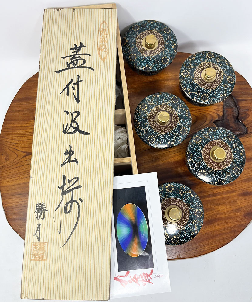 Servizio da tè vintage giapponese Kutani-yaki “Aotsubu” – Set di 5 tazze con coperchio firmate Shōgetsu – Con scatola originale - immagine 16