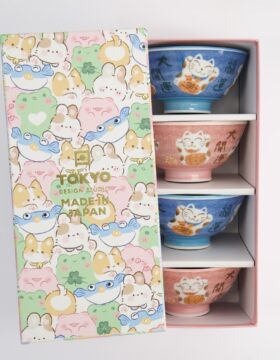 Set 4 ciotole da riso giapponesi Kawaii Lucky Cat rosa e blu – Tokyo Design Studio
