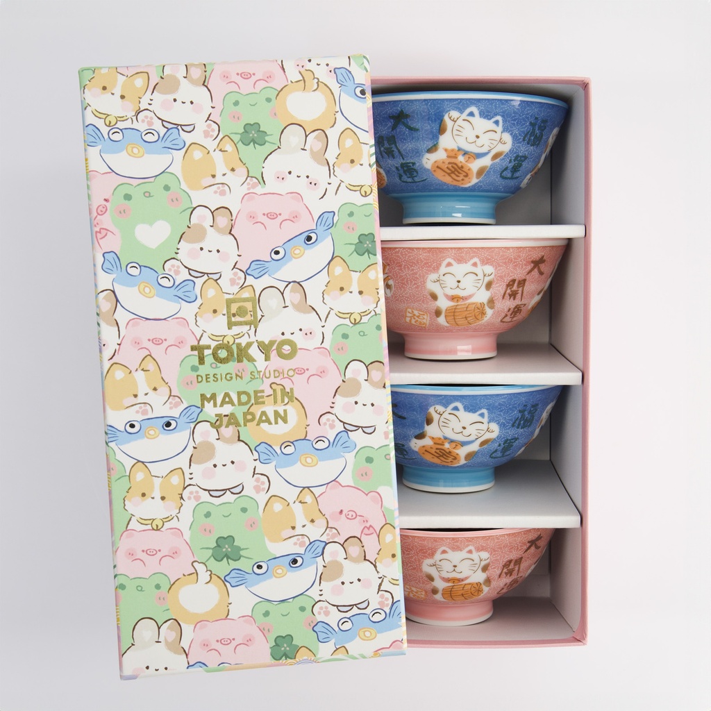 Set 4 ciotole da riso giapponesi Kawaii Lucky Cat rosa e blu – Tokyo Design Studio