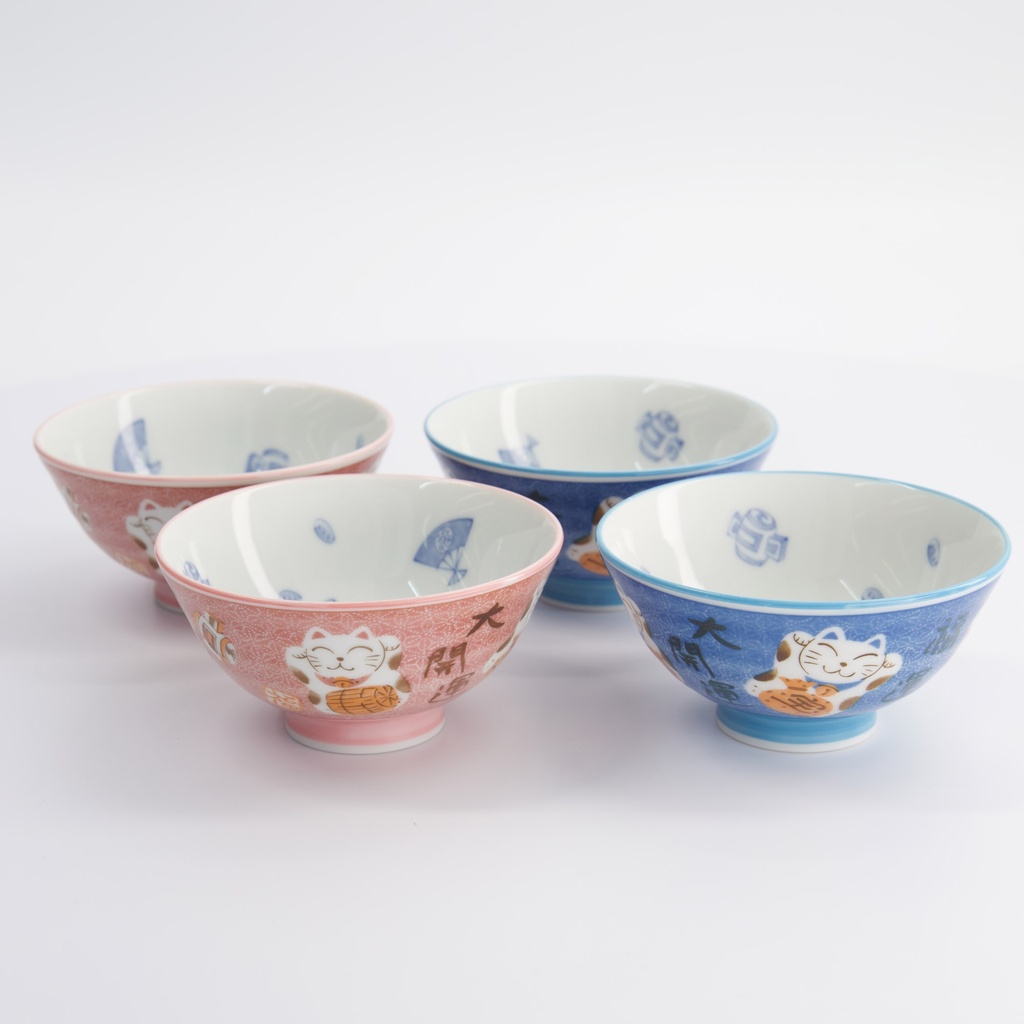 Set 4 ciotole da riso giapponesi Kawaii Lucky Cat rosa e blu – Tokyo Design Studio - immagine 3