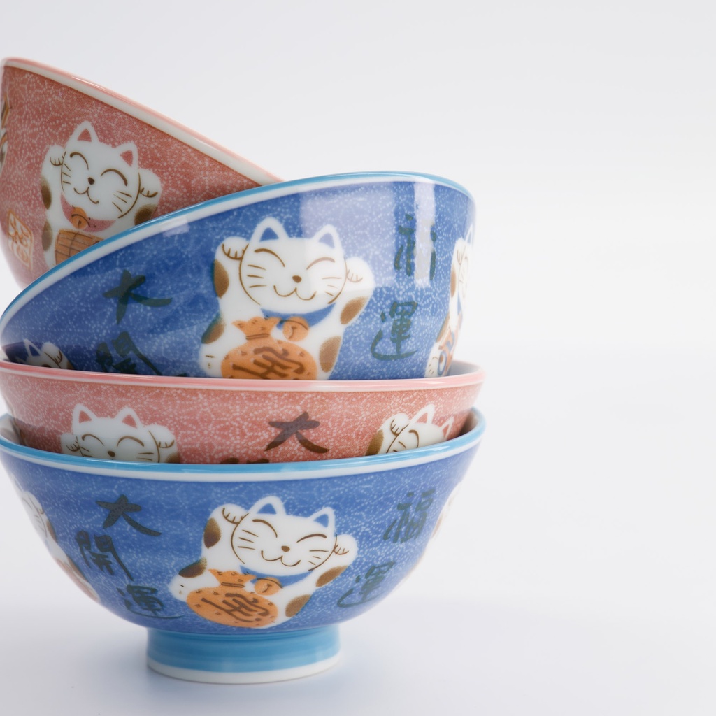 Set 4 ciotole da riso giapponesi Kawaii Lucky Cat rosa e blu – Tokyo Design Studio - immagine 2