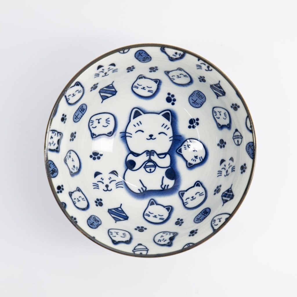 Ciotola maneki-neko in porcellana bianca e blu Kawaii Lucky Cat - immagine 2