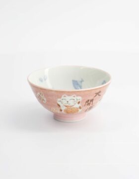 Ciotola da riso maneki-neko rosa con kanji della fortuna in porcellana – Kawaii Cat Neko