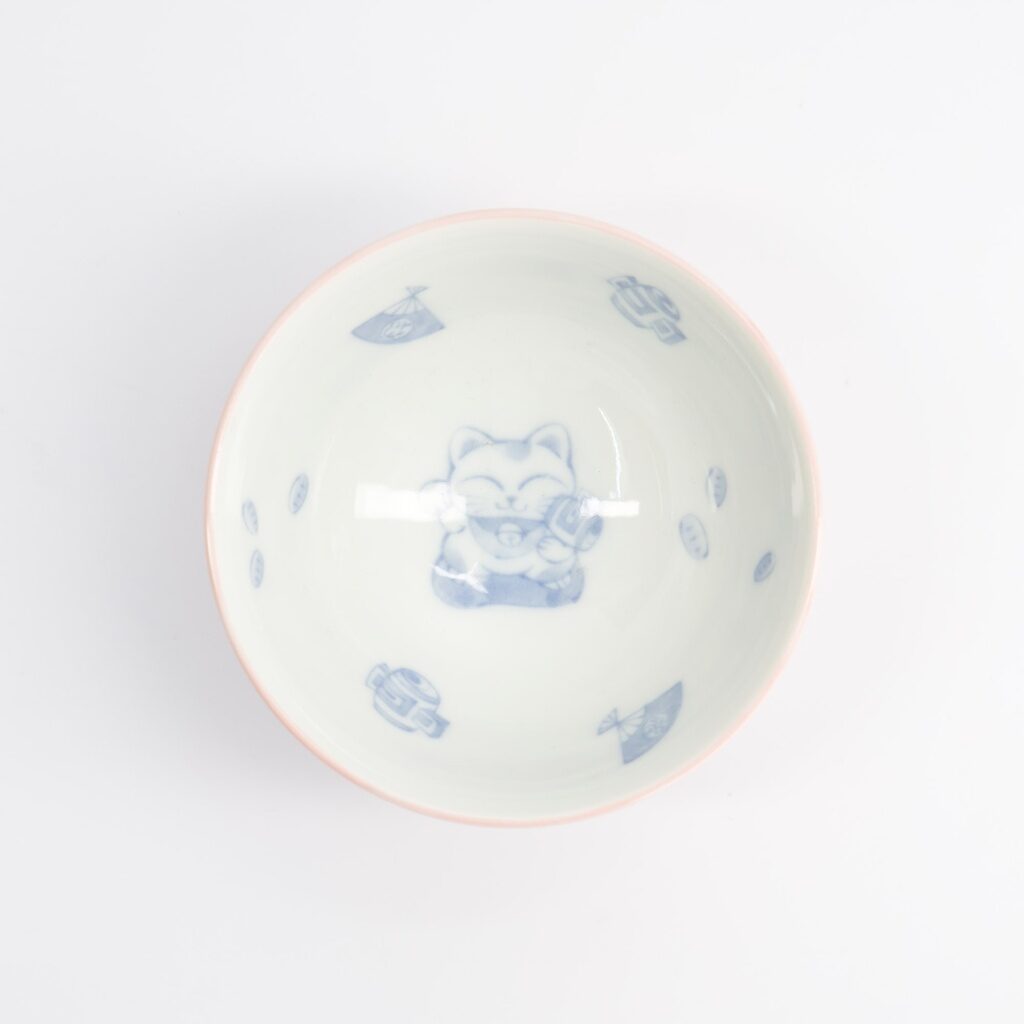 Ciotola da riso maneki-neko rosa con kanji della fortuna in porcellana – Kawaii Cat Neko - immagine 2